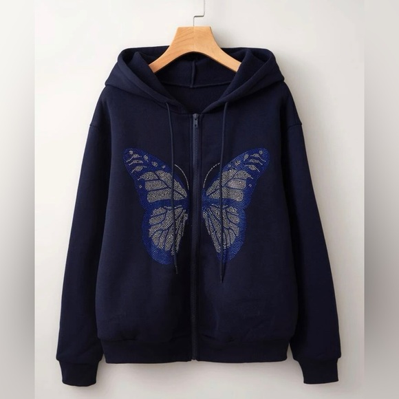 Rhinestone Butterfly Kangaroo Pocket Thermal Lined Zip-up Hoodie - Picture 1 of 4